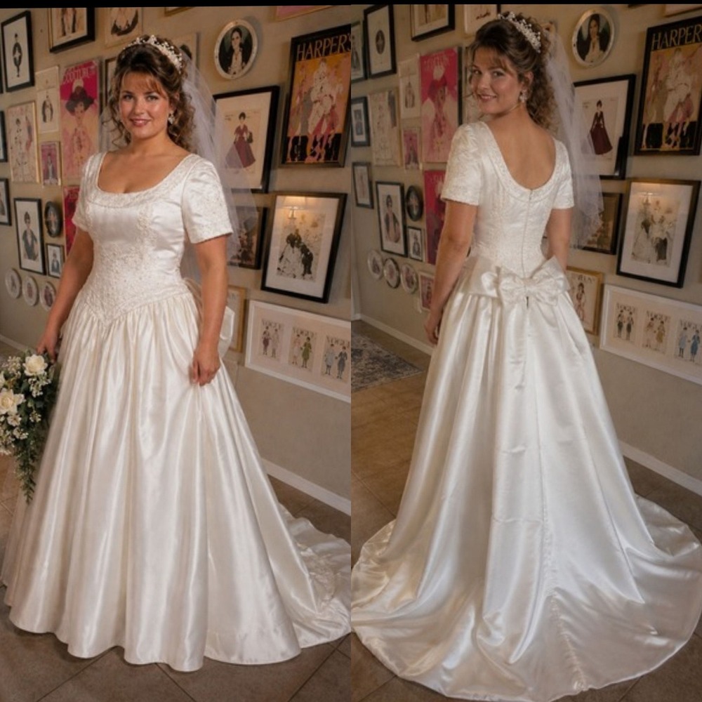 Vintage 90s Ivory Satin Lace Beaded Wedding Dress Basque Waist Bow Train